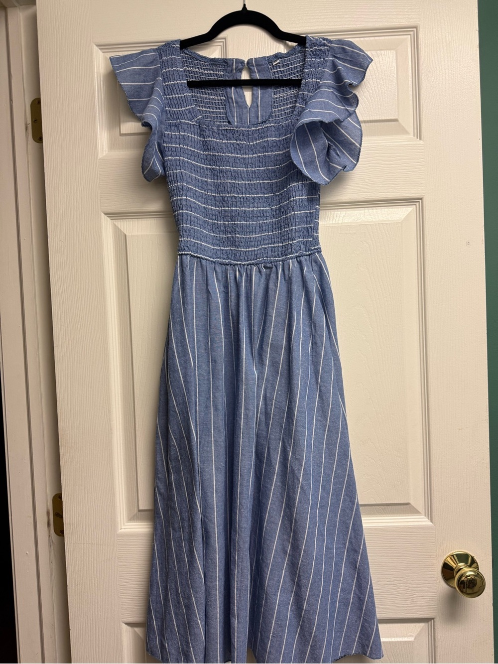 Blue Striped Smocked Maxi Dress with Flutter Sleeves